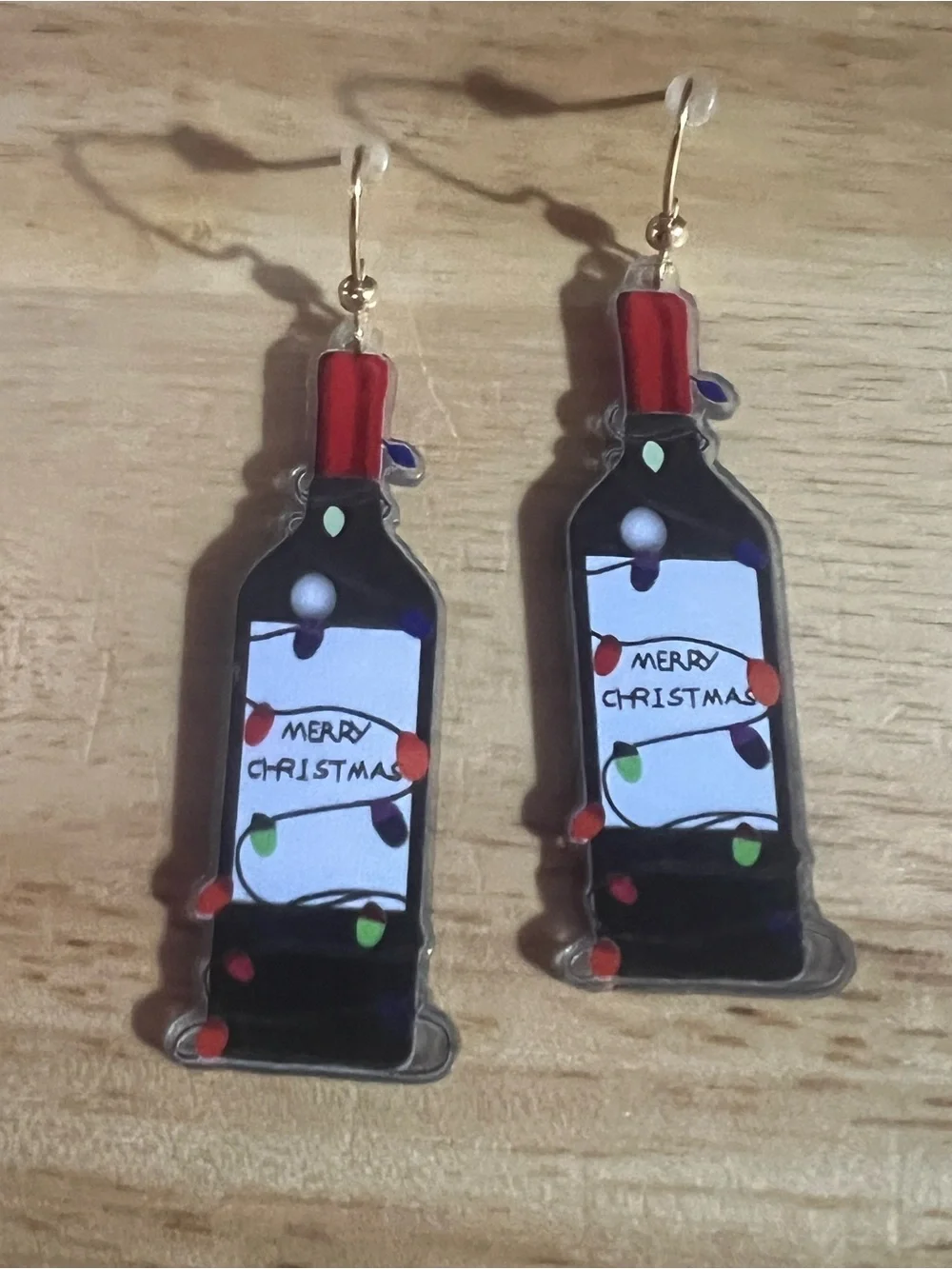 Holiday Red Wine Bottle Earrings - Merry Christmas Design E135